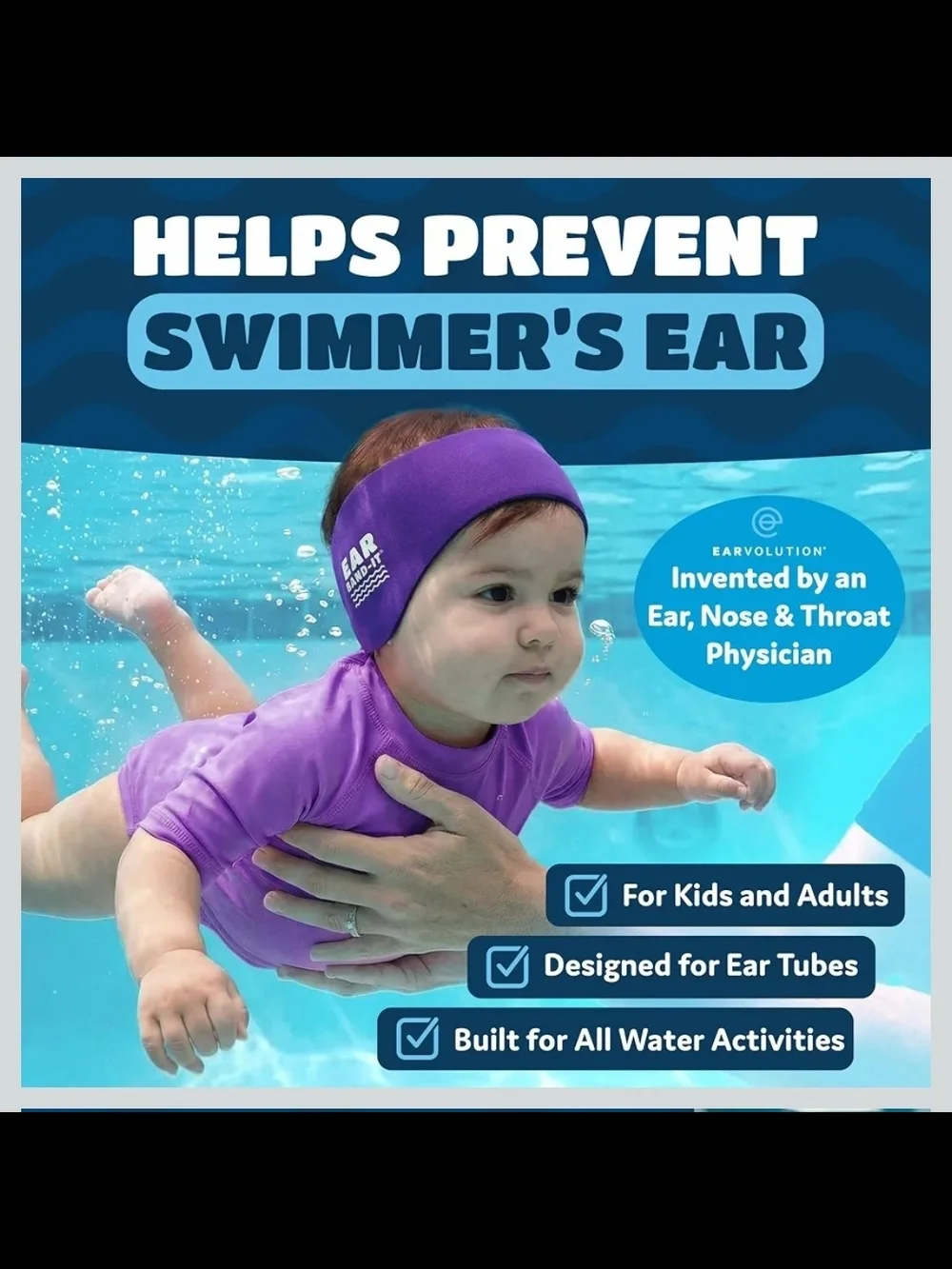 Earvolution Original Ear Band-It Teal Swimming Headband - New In Bag!